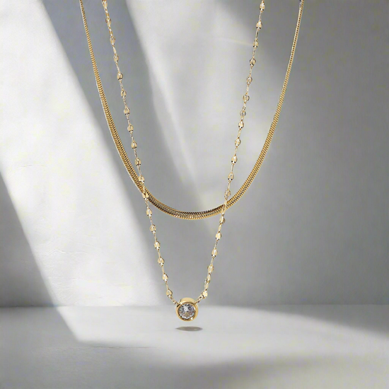 Circular zircon 2 layer necklace gold plated necklace