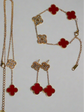 Red Van Cleef-Inspired Jewelry Set – 18K Gold-Plated Clover Necklace, Bracelet & Earrings