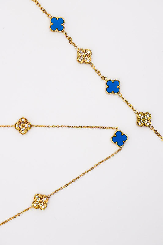 Blue Van Cleef-Inspired Jewelry Set – 18K Gold-Plated Clover Necklace, Bracelet